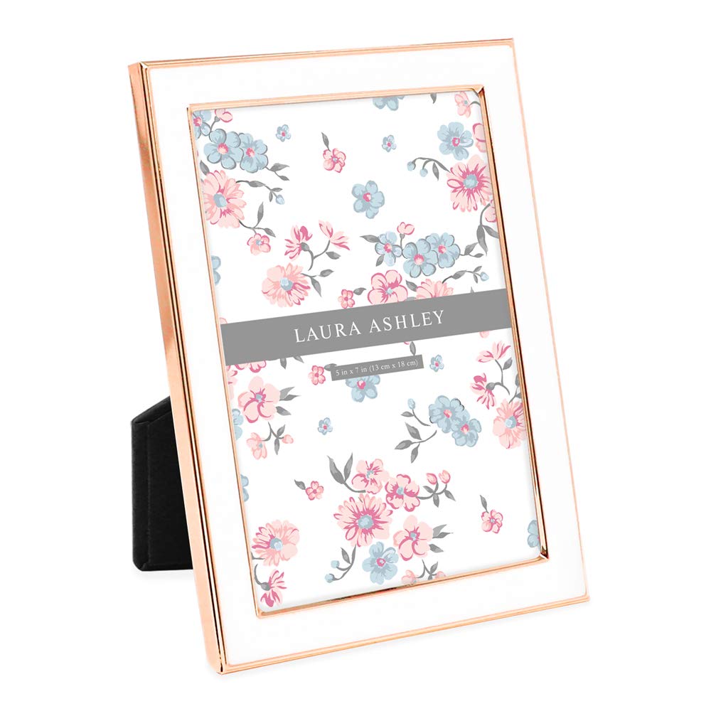 Laura Ashley 5x7 White Enamel Picture Frame, Rose Gold Metal Edge with Easel, for Countertop, Counterspace, Tabletop Display, Bo