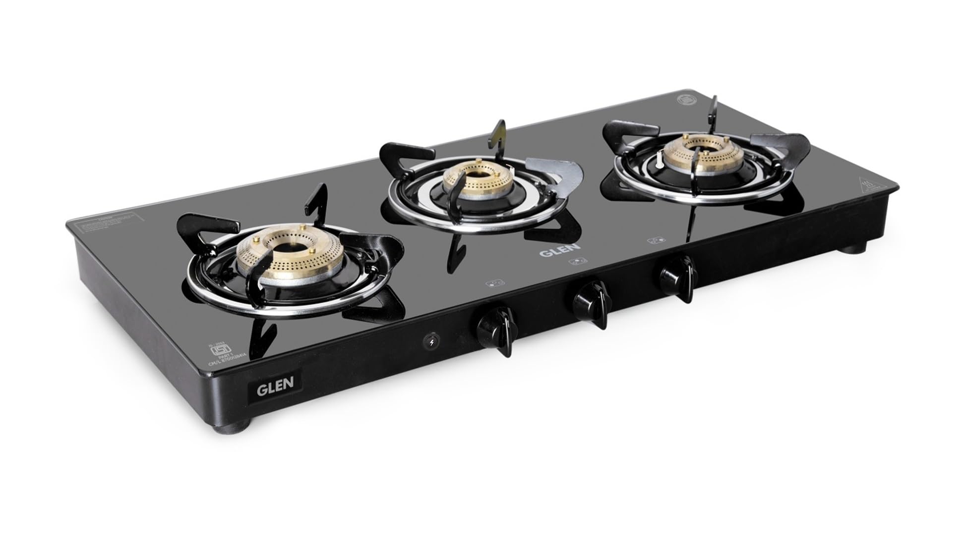 Glen 3 Burner Toughened Glass Top Lpg Gas Stove 72 Cm With Fuel Efficient Brass Burners | Black | Isi Certified | Fixed Stainles