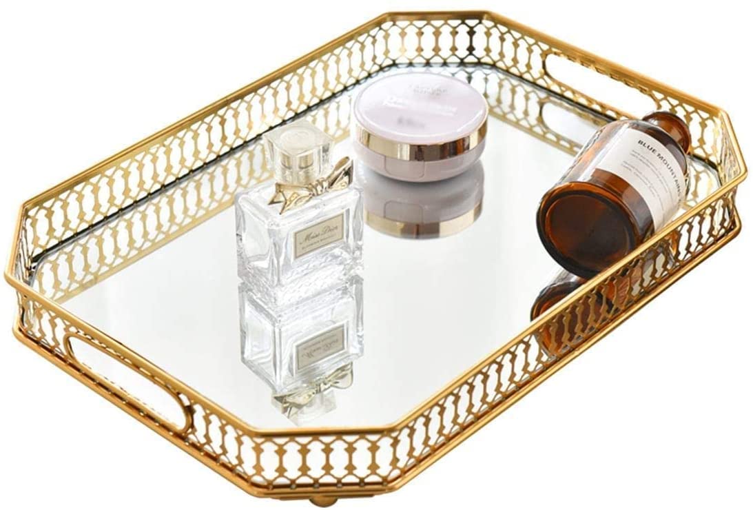 Mirror Tray, Perfume Tray, Vanity Makeup Decorative Jewelry Tray With Metal For Dresser Bathroom Bedroom Countertop Organizer, L