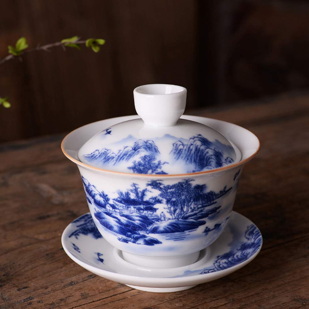 Jingdezhen Chinese Gaiwan Handmade 6.3Oz/180Ml Mountain Style China Blue And White Porcelain Gaiwan Kungfu Teacup Traditional Ch