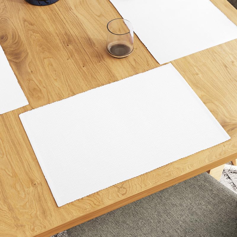 Encasa Ribbed Table Placemats (Set Of 6) - Solid Off White | 19''X13'' | Over 20 Modern Colors & Woven Designs - Washable Cloth