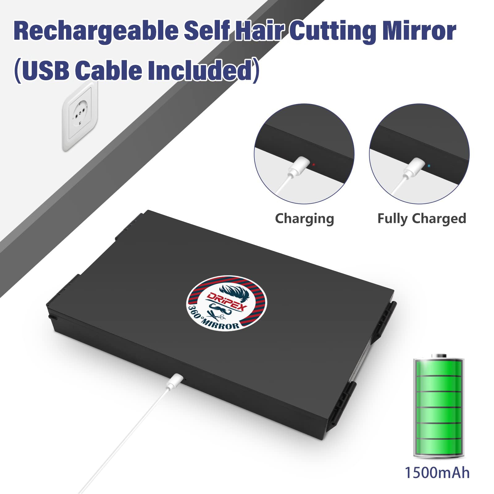 Dripex 3 Way Mirror With Storage Shelf And 3 Color Led Lights, Rechargeable Trifold Self Haircut 360 Mirror With Height Adjustab