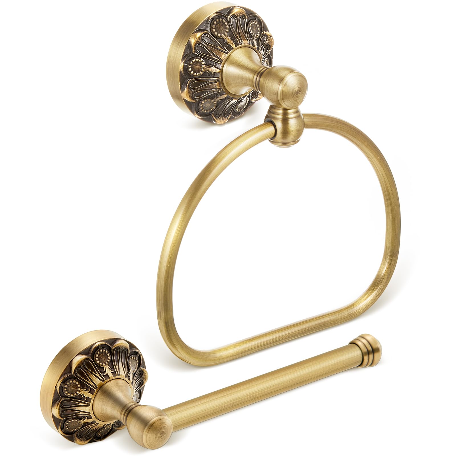 Otoolling 2 Pieces Set Antique Brass Toilet Paper Holder Retro Brass Hand Towel Ring Tissue Roll Paper Hanger Bathroom Hardware 