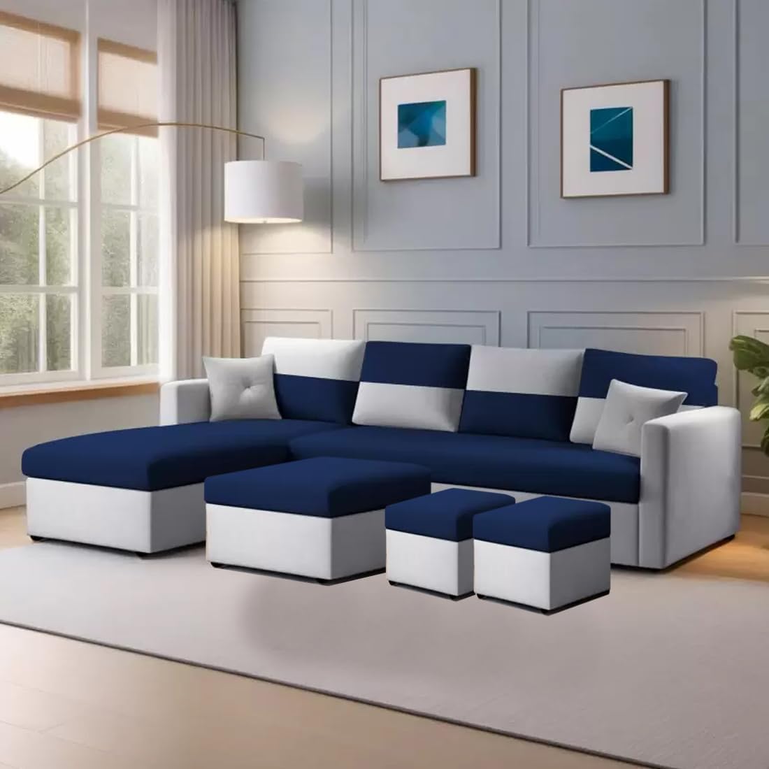 Furny Arno 8 Seater Fabric L Shape Sectional Lhs Sofa Set With 1 Centre Table & 2 Ottomans (Light GreyBlue)