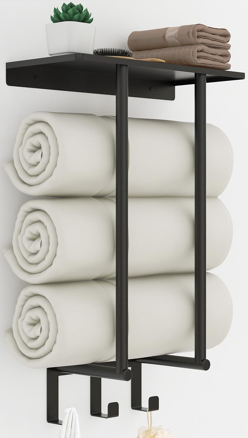 Bethom Towel Rack With Metal Shelf And 3 Hooks For Small Bathroom, Towel Storage Wall Can Holds Up To 3 Large Size(63X40 Inch) O