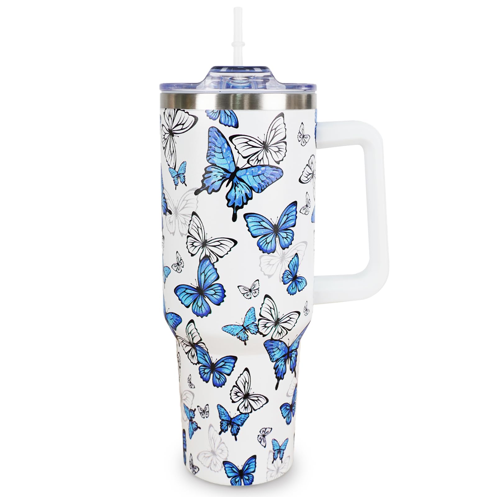 Mhrevyi 40oz Butterfly Tumbler with Handle & Straw  Blue Travel Cup Gift for Women Girls Birthday Lovers