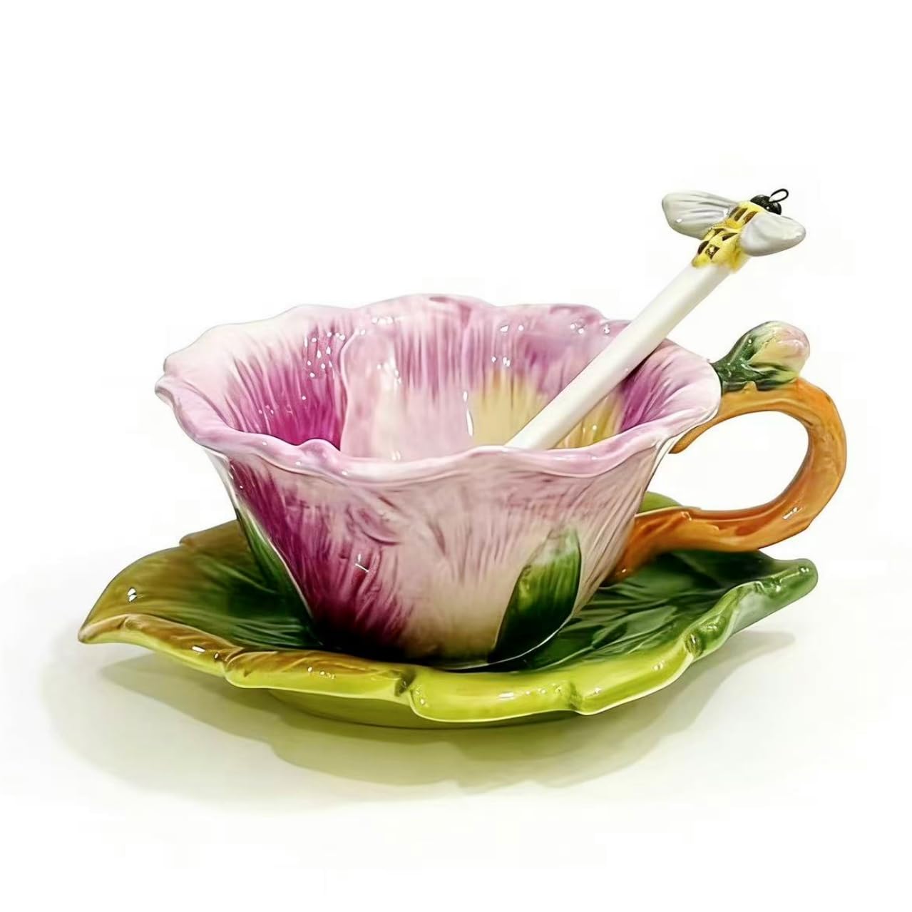Ceramic Pansy Coffee Cup and Saucer Set with Spoon