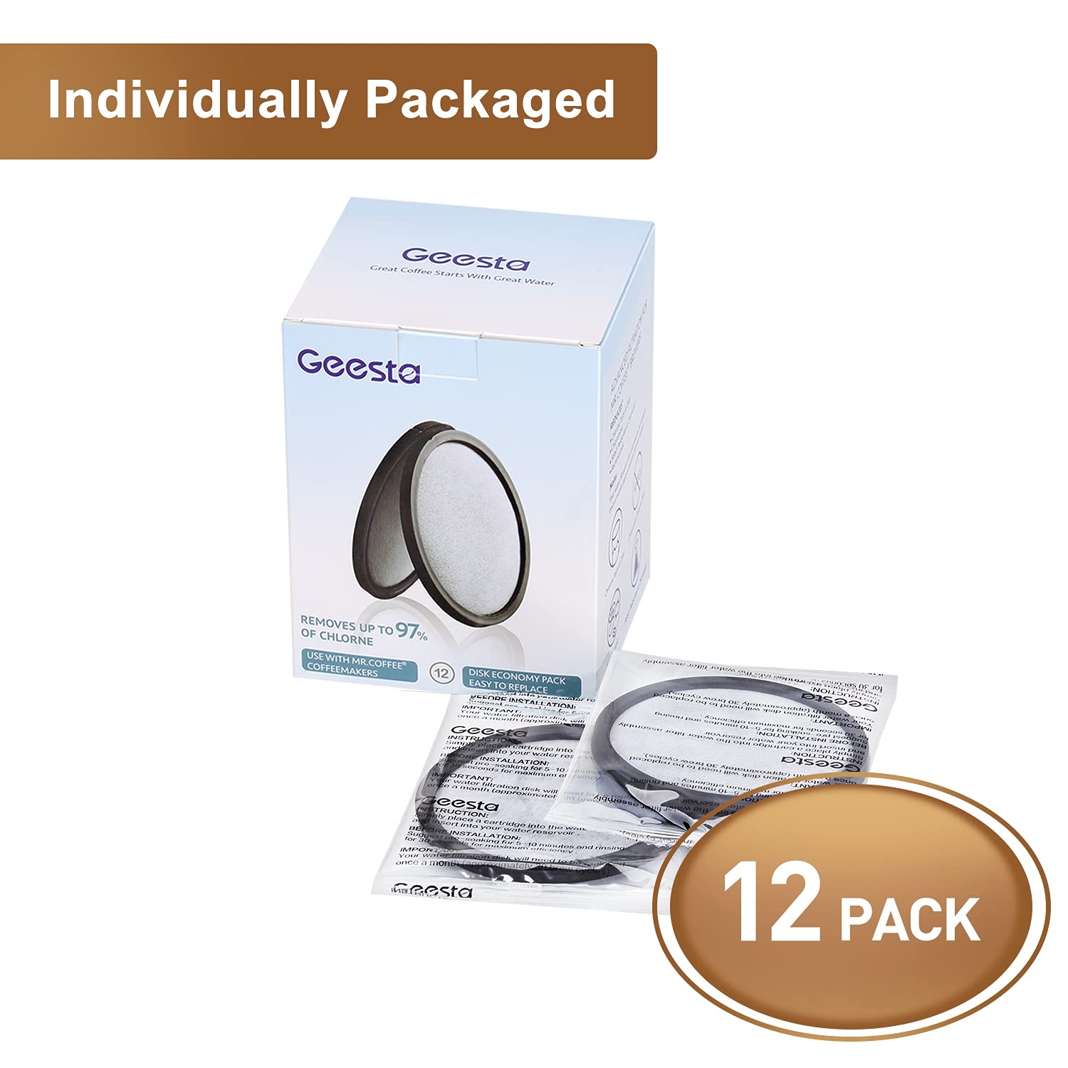 Geesta 12-Pack Premium Activated Charcoal Water Filter Disk for All Mr. Coffee Models