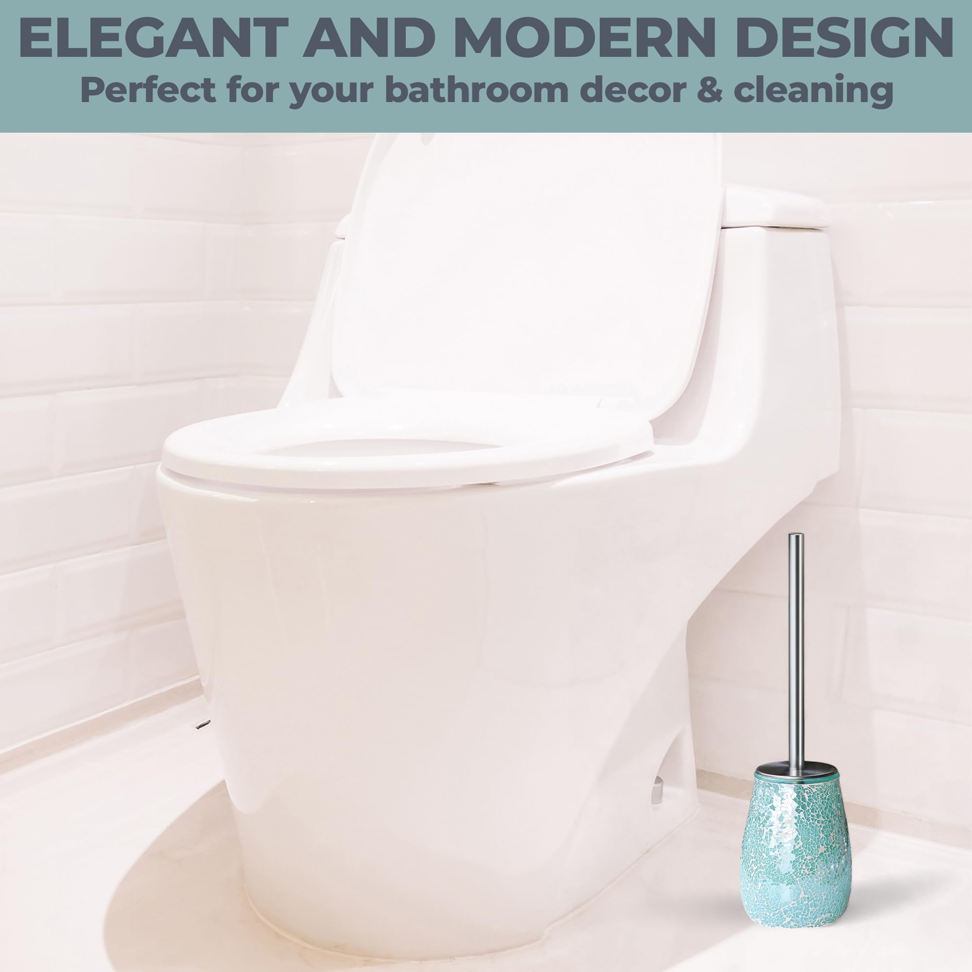 Escenzy Turquoise Green Toilet Brush And Holder Set Mosaic Glass | Non-Rustic Stainless Steel | Practical & Decorative Toilet Bo