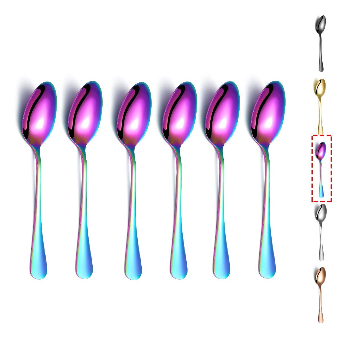 Rainbow Teaspoons, Kyraton 6 Pieces 6.7'' Stainless Steel Tea Spoons With Colorful Titanium Plating, Ice Cream Spoons, Dessert S