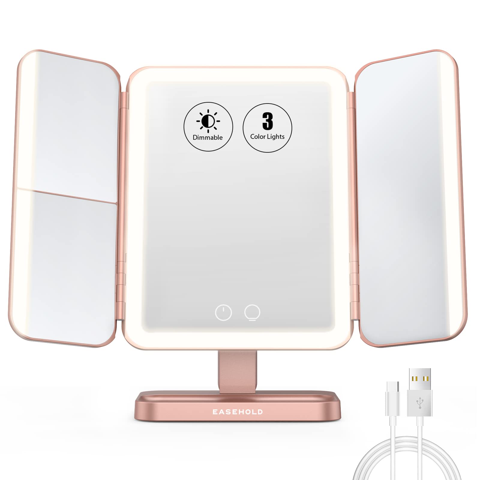 Easehold Rechargable Makeup Mirror Vanity Mirror With Lights, 5000Mah & Usb Cable, 112 Leds Lighted Trifold Mirror With 1X 2X 3X