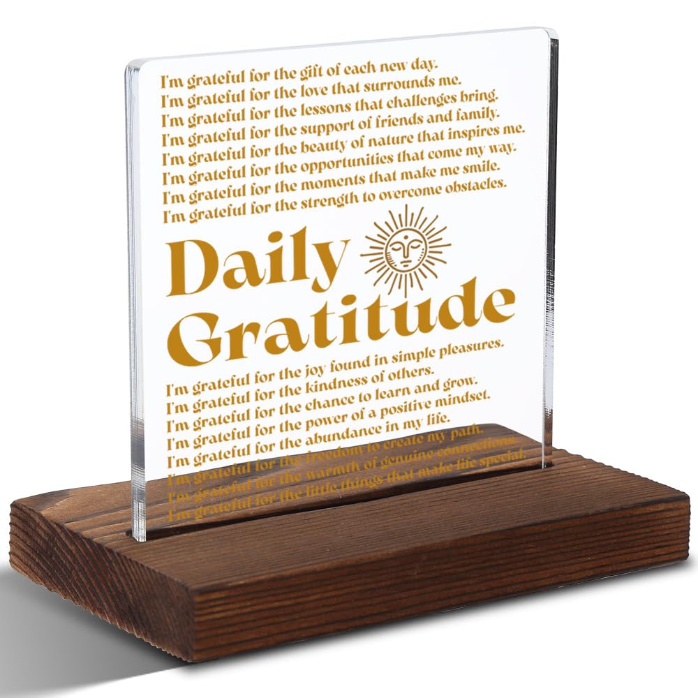 Daily Gratitude Inspirational Plaque, Positive Affirmation Wall Art, 4x4 Inch Mindfulness Gift for Women, Office, Teacher or Fri