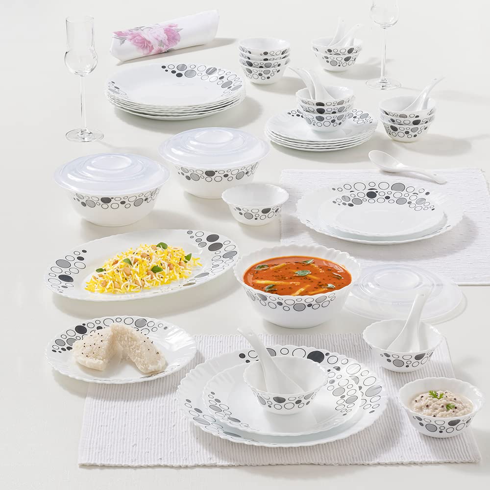 Larah By Borosil Luna Silk Series Opalware Dinner Set | 47 Pieces For Family Of 8 | Microwave & Dishwasher Safe | BoneAsh Free 