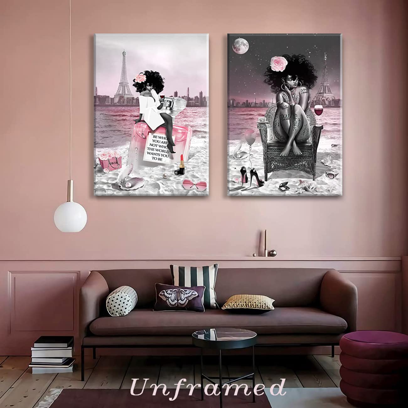 2 Pieces African American Black Girl Wall Art Decor Fashion Modern Pink And Black Beach Paris Eiffel Tower Drawing Painting Pict