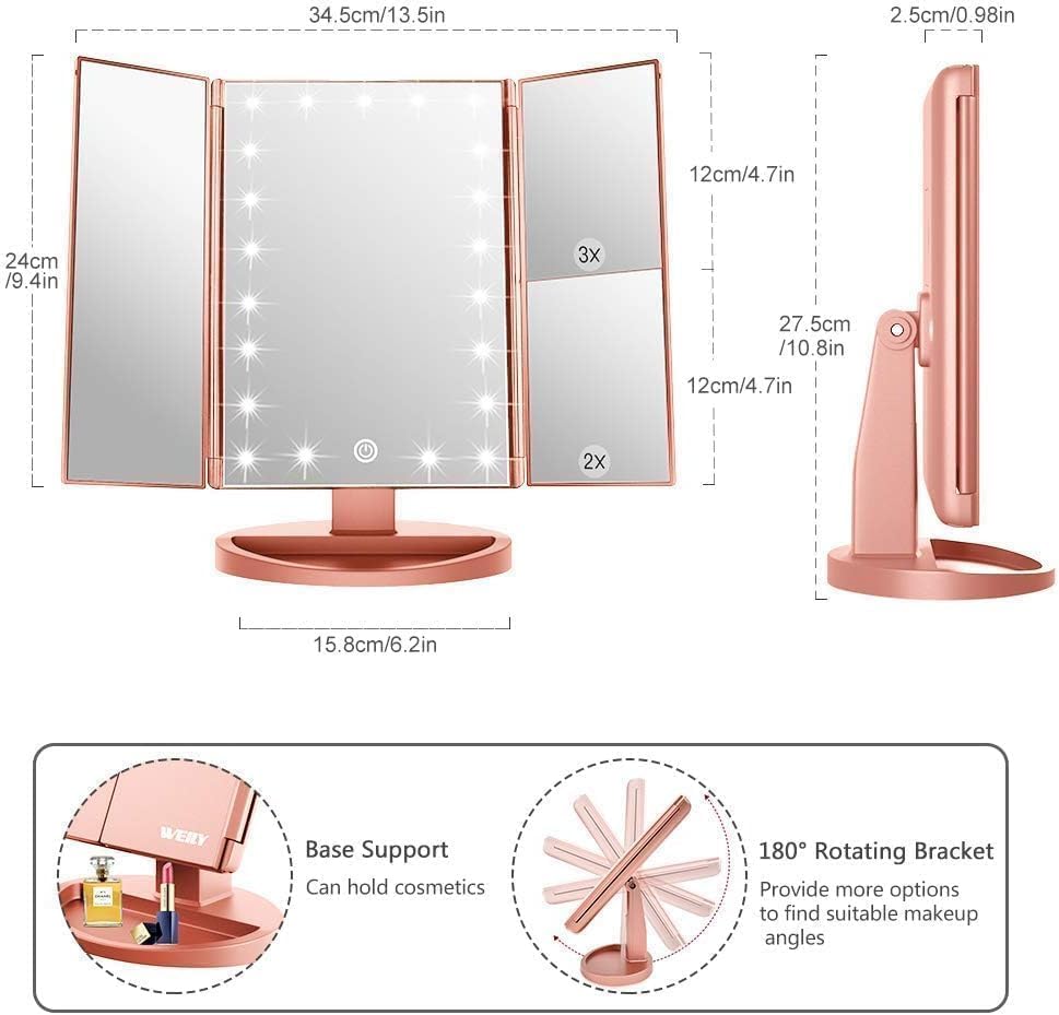 Weily Makeup Mirror With 21 Led Lights,Two Power Supply Modes, Adjustable Touch Screen And 1X/2X/3X Magnification Tri-Fold Vanit