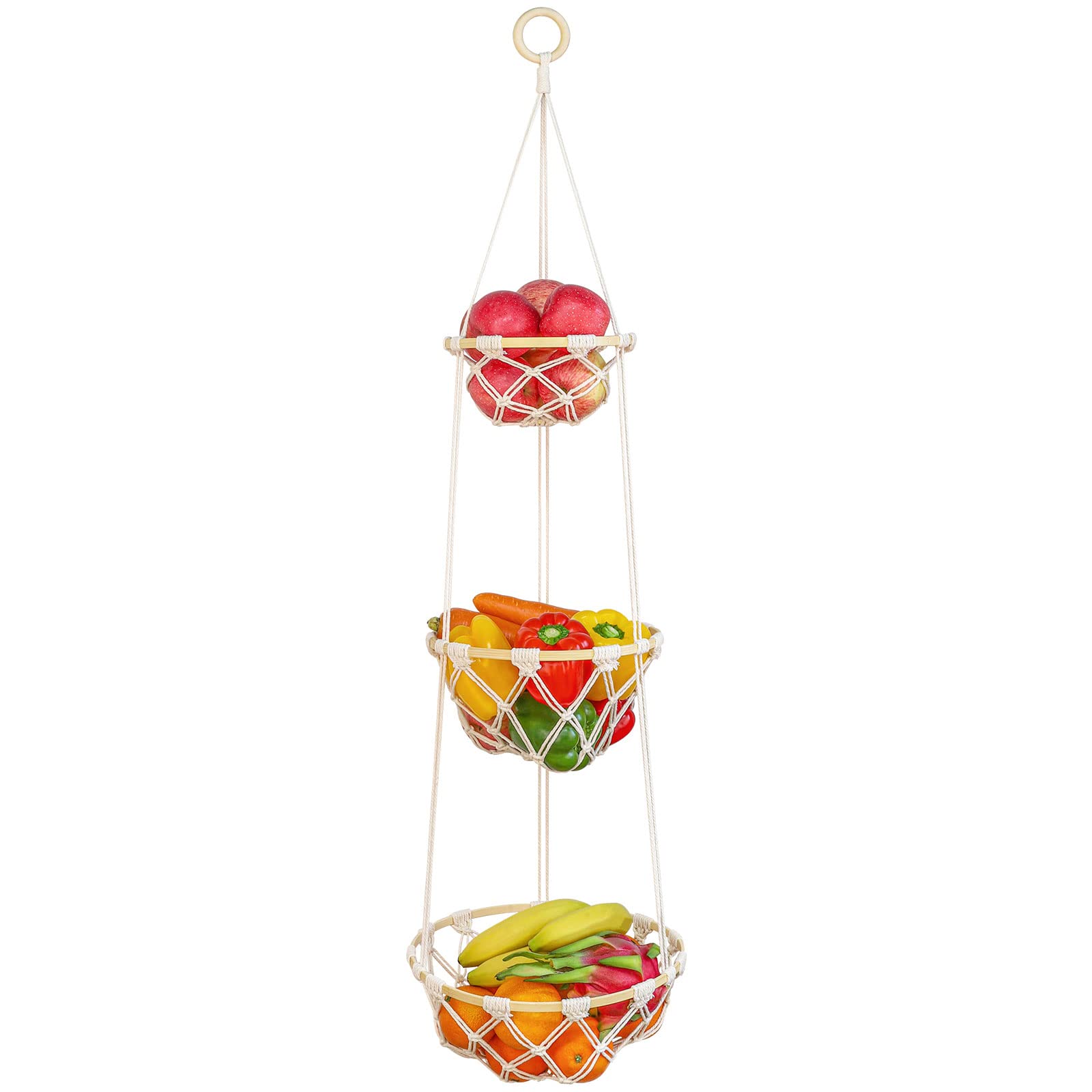 3 Tier Macrame Hanging Fruit Basket, Boho Vegetable Holder For Kitchen Food Storage With Hook, Bohemian Cotton Produce Multi Org