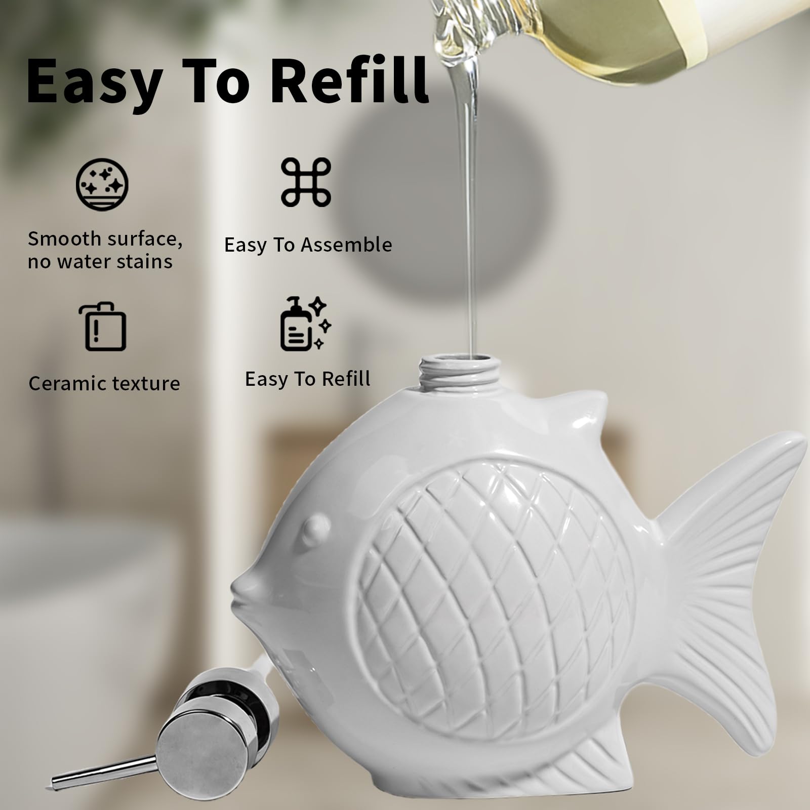 Amaauto White Soap Dispenser Bathroom, Ceramic Fish Shaped Lotion Hand Soap Dispenser With Easy-To-Press Stainless Pump, Large 1