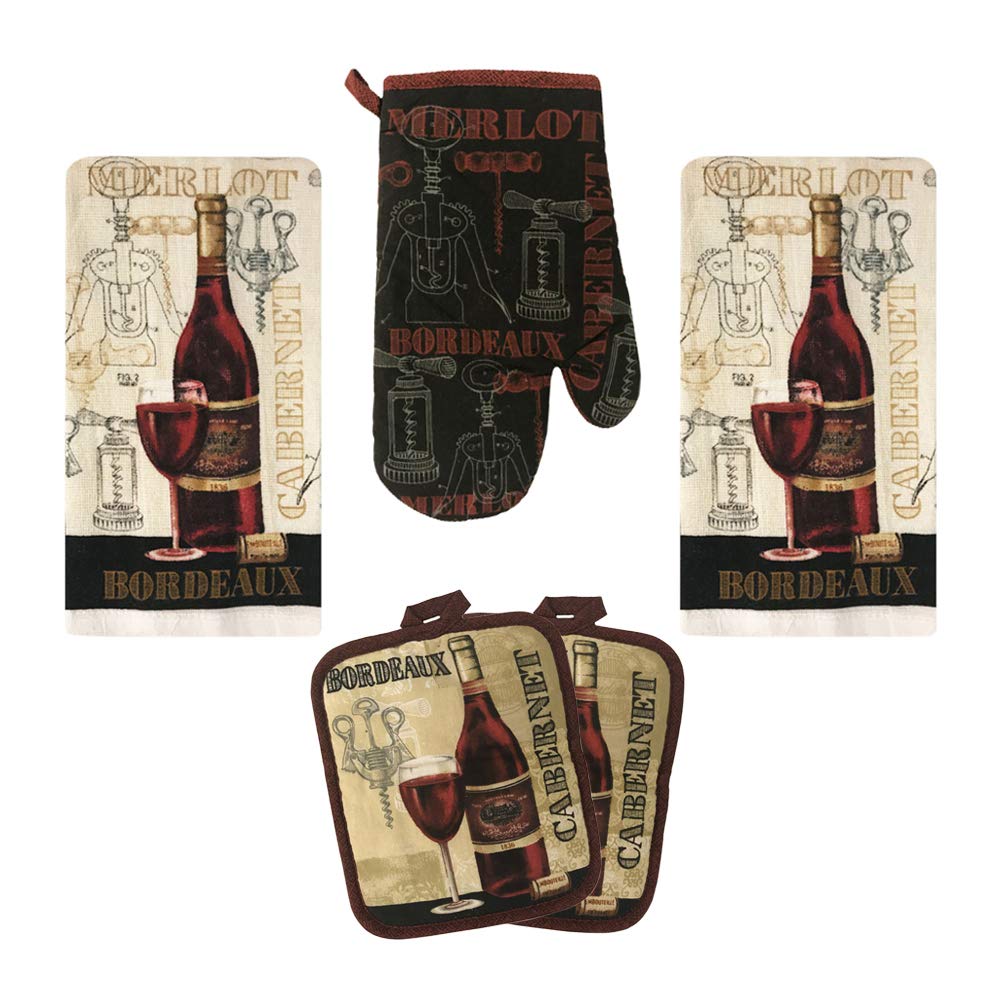 Lobyn Value Packs Kitchen Towel 5 Piece Linen Set 2 Towels 2 Pot Holders 1 Oven Mitt (Cabernet)