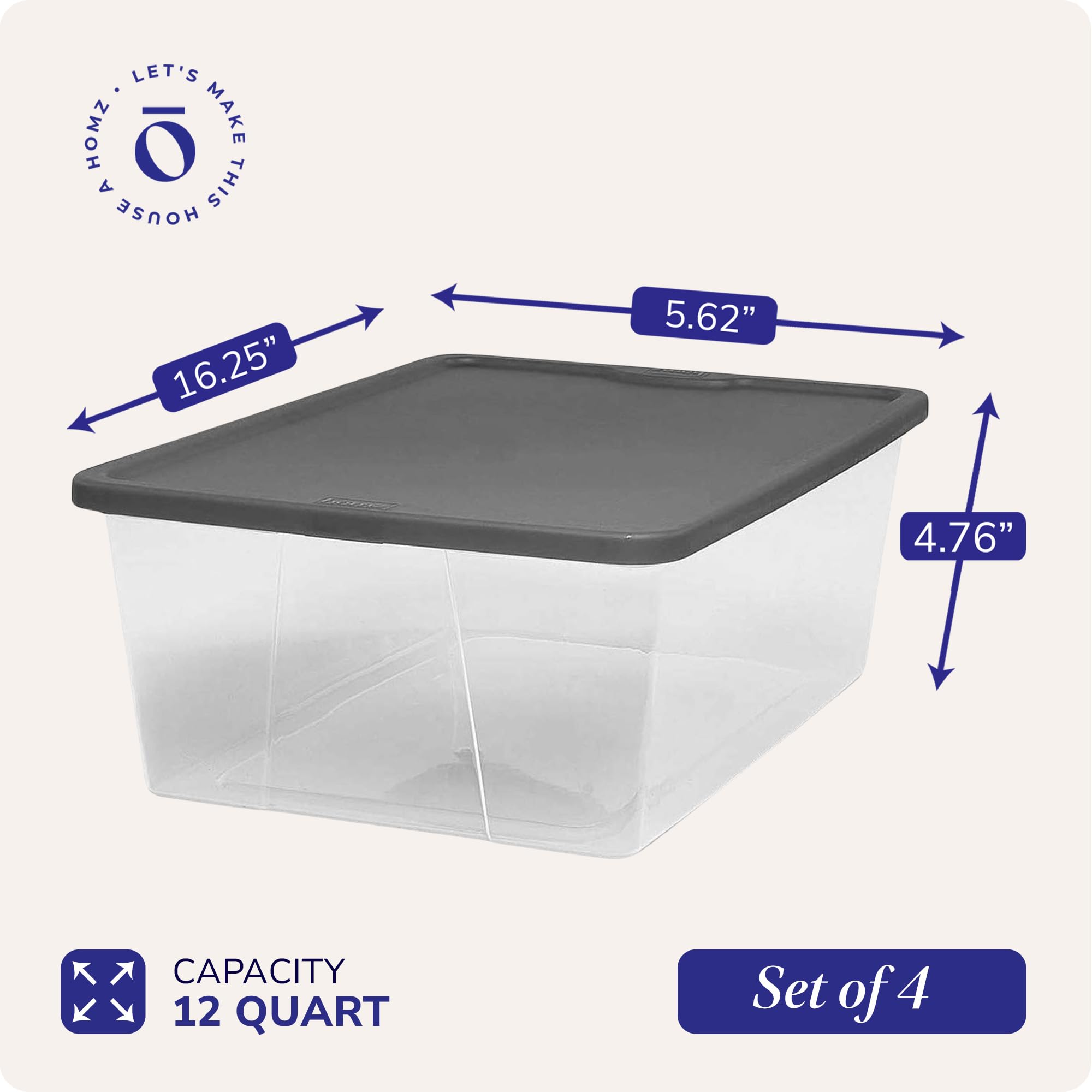 Homz 4 Pack Storage Bins, Plastic Organizing Containers W/Gray Lids, 12 Quart