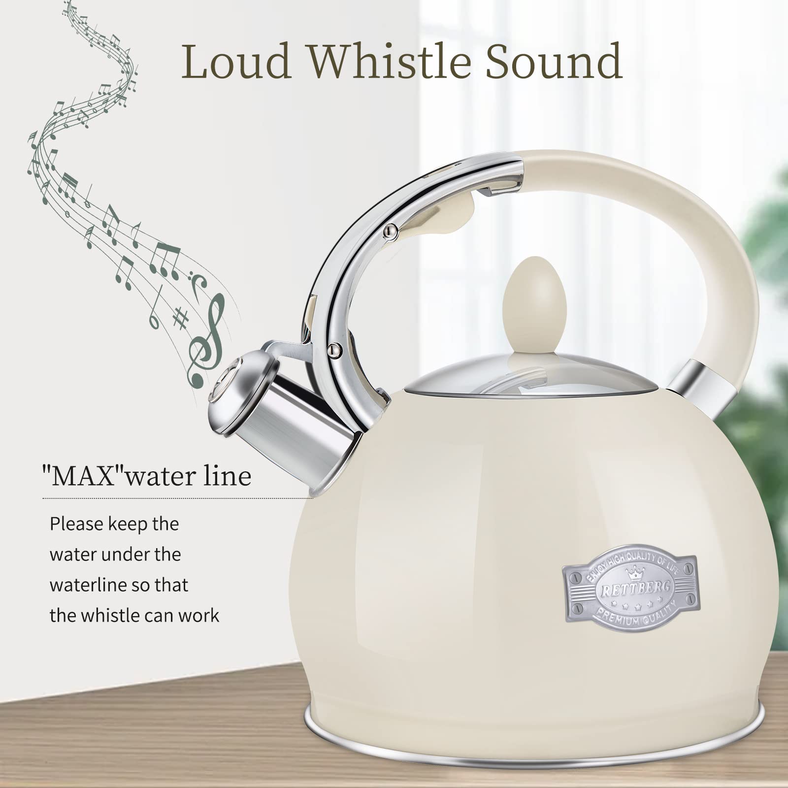 Rettberg Tea Kettle For Stovetop Whistling Tea Kettles Retro Black Stainless Steel Teapots, 2.64 Quart (Cream)