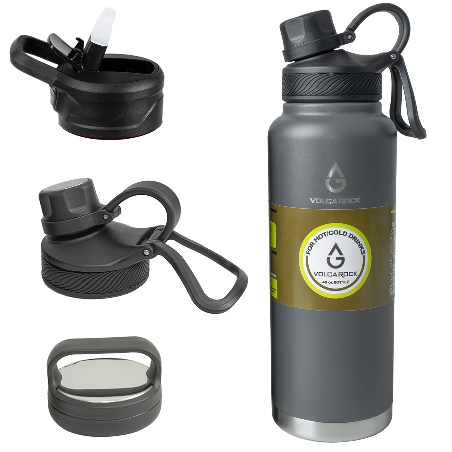 Volcarock Stainless Steel Sports Water Bottle With Straw Lid Dustproof, 3 Lids, 24/32/40/64 Oz Bpa Free Vacumm Insulated Water B