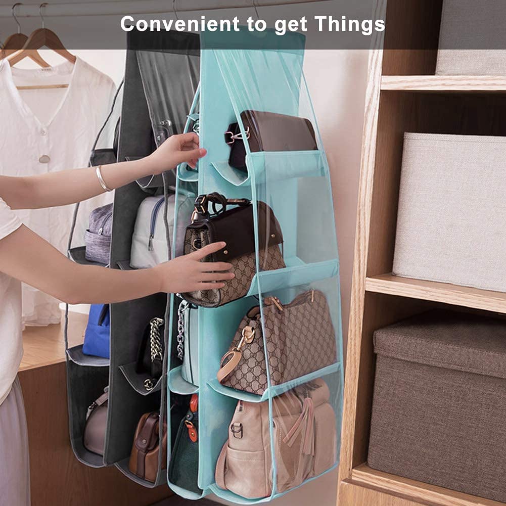 Lirex Handbag Hanging Purse Organizer for Closet  8 Pocket Handbag Storage Organizer Hanger Oxford Cloth Closet Organizer for Family Closet Bedroom  Foldable and Universal Fit  Light Blue