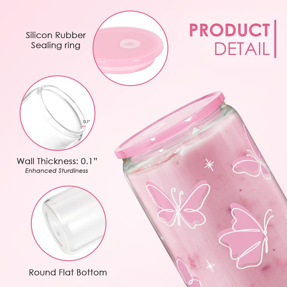 Butterfly 16 Oz Can Glass Tumbler with Acrylic Lid and Straw - Iced Coffee Cups for Women, Aesthetic Glass Cup Gift for Birthday