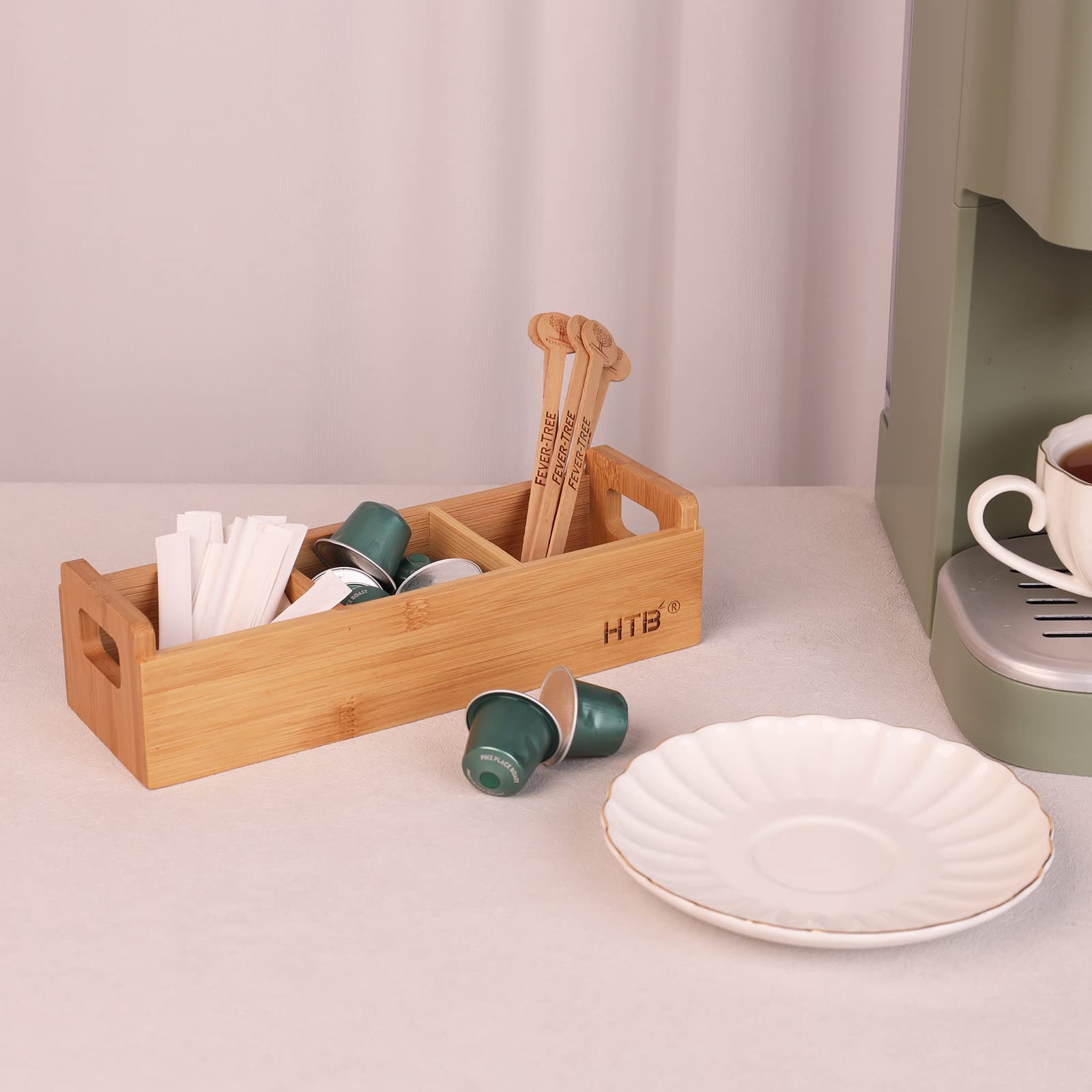Small Tea Bag Holder by HTB  Bamboo Tea Organizer 3 Compartments for Beverage Suppliers  Sweeteners  Individual Packets  Portable Tea Bag Organizer for Home Kitchen Counter or Office