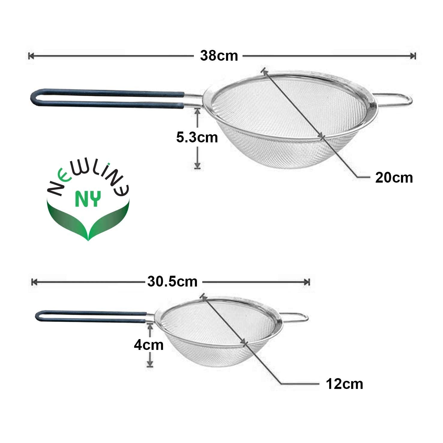 Newline Ny Premium Double Stainless Steel Fine Mesh Strainers With Soft-Touch Anti-Slip Silicone-Coated Handle 2 Pcs Set