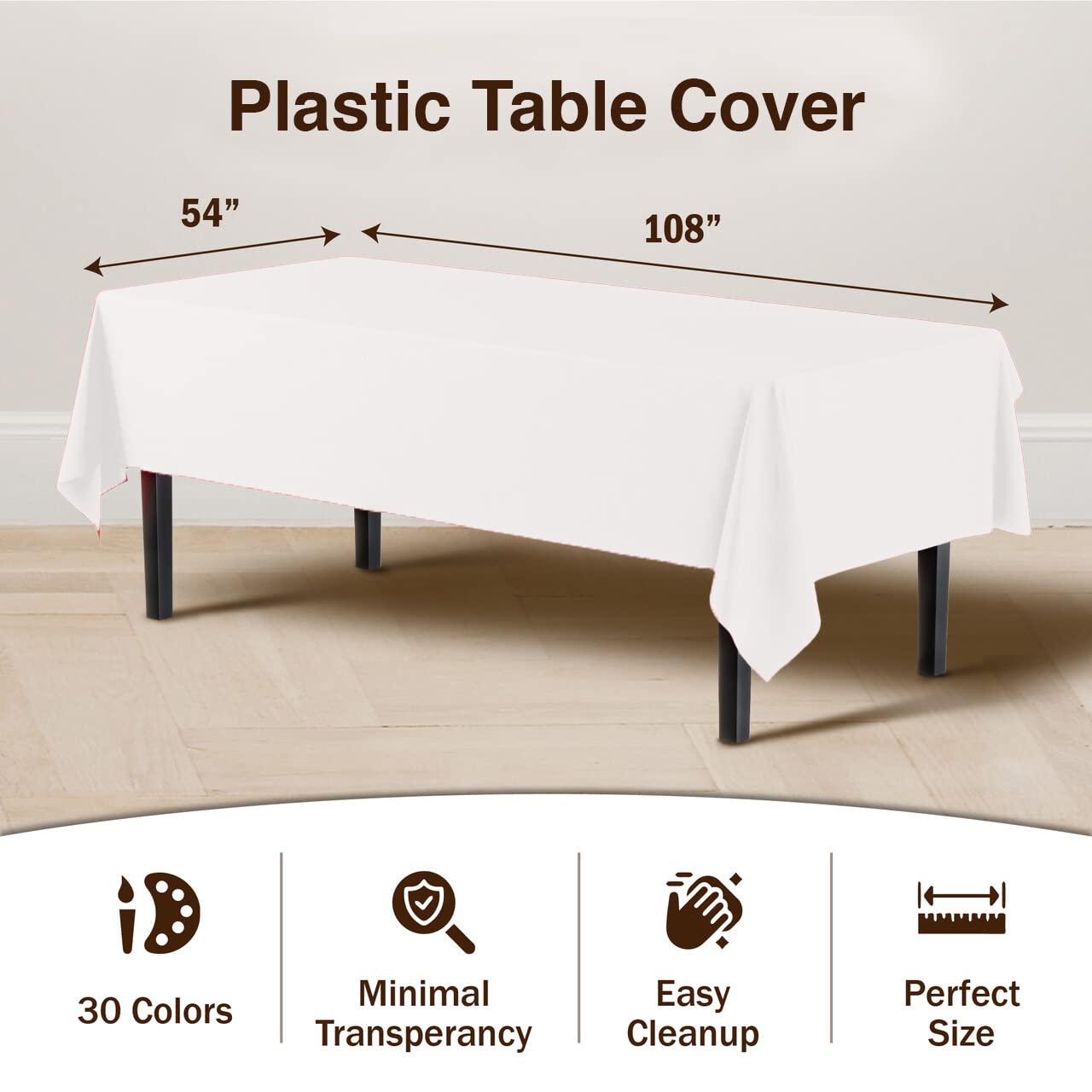 Exquisite 12-Pack Premium Plastic Tablecloth 54 Inch. X 108 Inch. Rectangle Table Cover-White