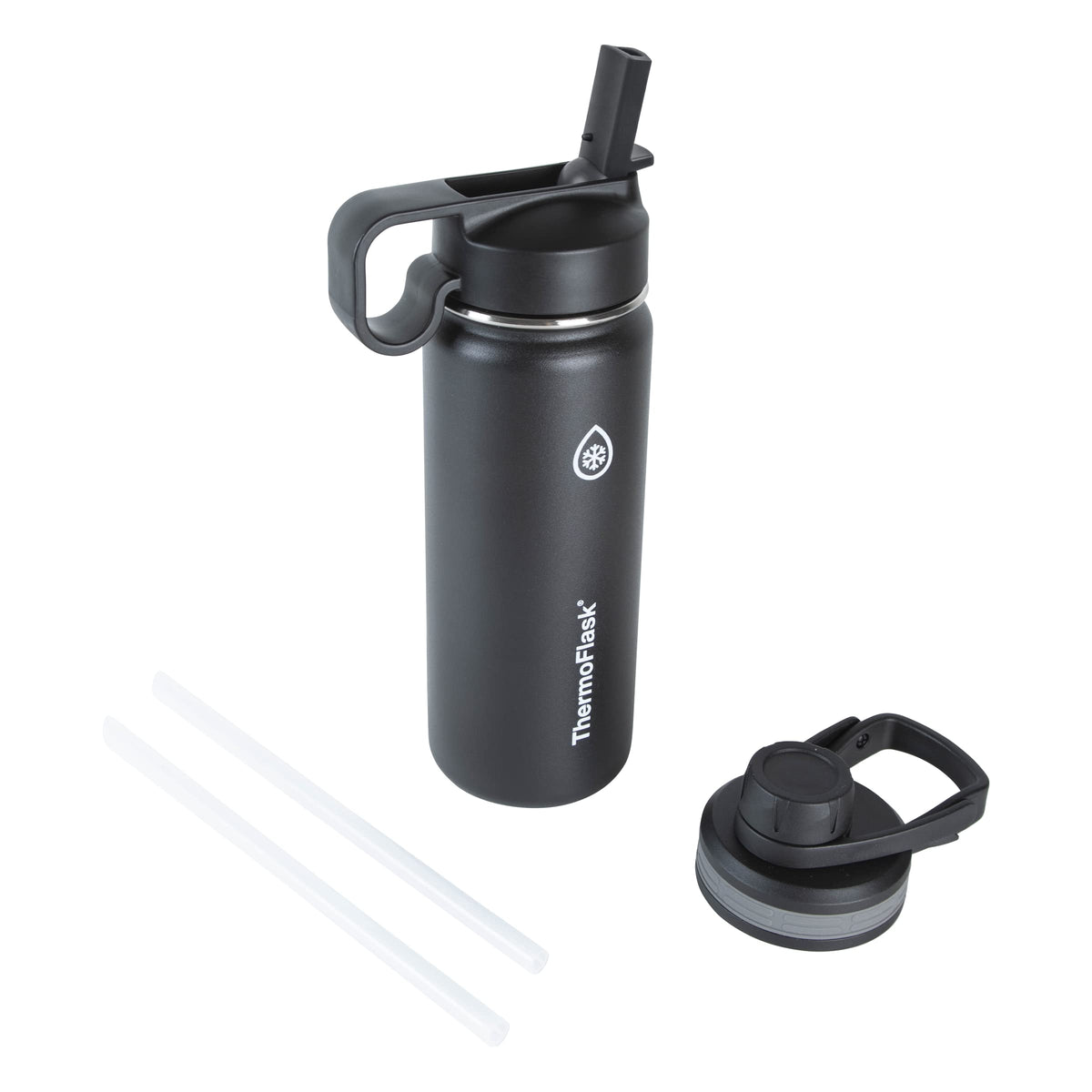 Thermoflask Double Stainless Steel Insulated Water Bottle With Two Lids, 18 Ounce, Black
