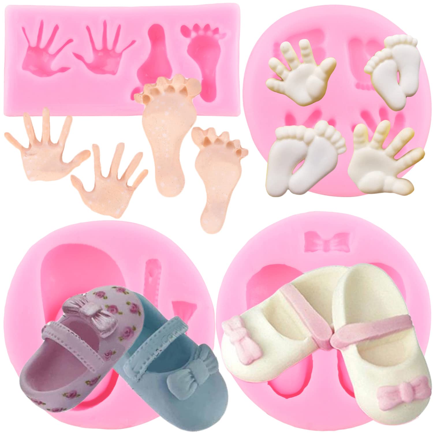Mujiang Baby Shoes Silicone Molds Baby Hands Fondant Mold Baby Foot Candy Mold For Baby Shower Cake Decorating Cupcake Topper Su