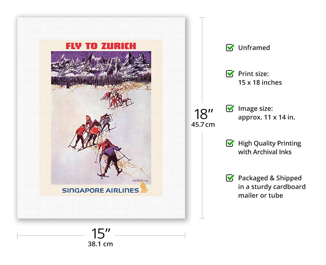 Fly To Zurich Switzerland - Skiing - Singapore Airlines - Vintage Airline Travel Poster By Seah Kim Joo C.1960S - Fine Art Rolle
