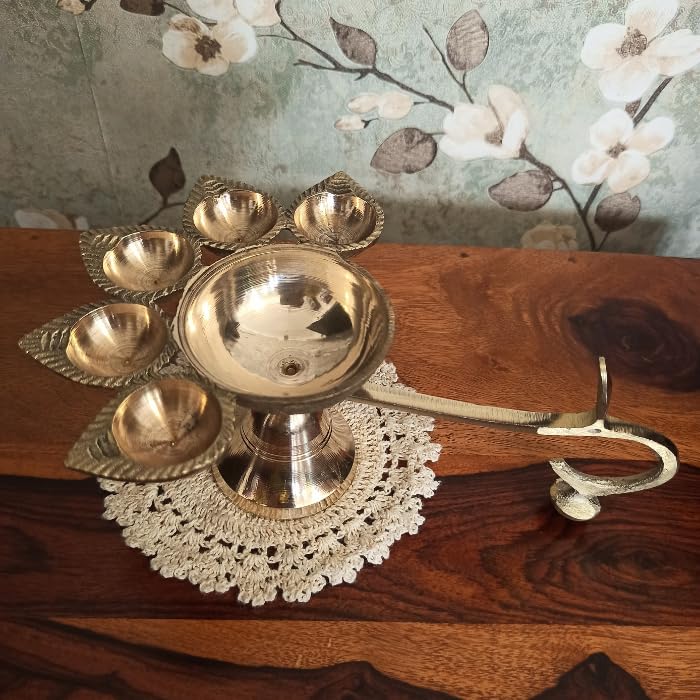 10Club Panch Aarti 100% Pure Brass Diya | Panchmukhi Puja Diya (15L X 11B X 6H cm, 370 gm) | Ghee Lamp | Aarti Ghee Deepak for H