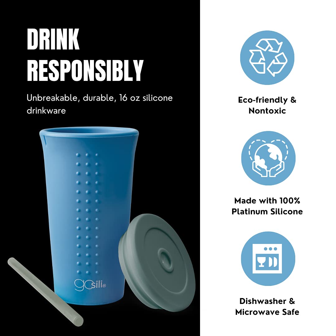 Gosili Eco-Friendly Reusable Silicone Straw Tumbler, Nontoxic And Dishwasher Safe - 16Oz, Foggy Blue