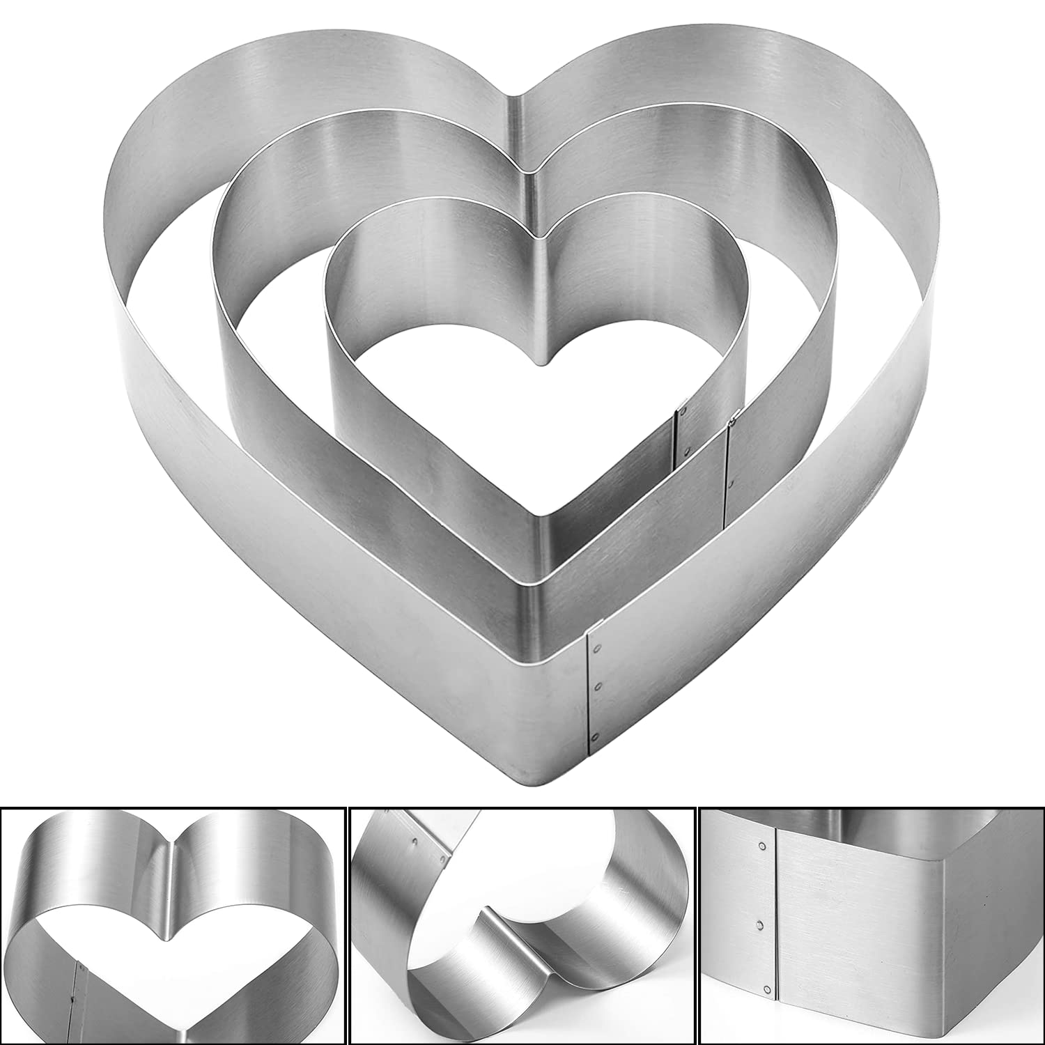 Qeeyon 3Pcs Heart Cookie Cutter Set, 4'' 6'' 8'' Stainless Steel Sandwiches Cutter Diy Heart Cake Cutter Cake Molds Ring Set Mou