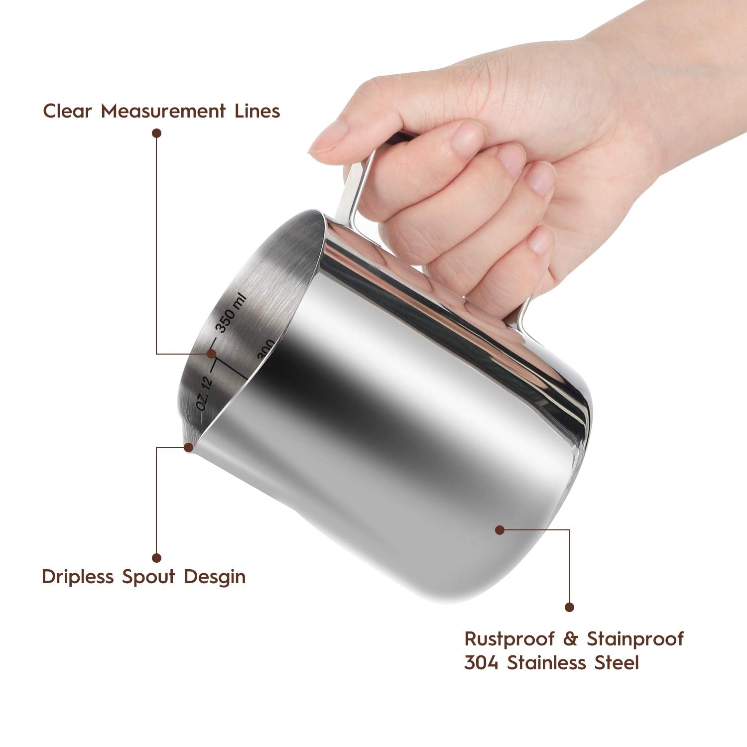 Milk Frothing Pitcher, Thicker Version 350Ml 12Oz Steaming Pitchers Stainless Steel Milk Coffee Cappuccino Latte Art Barista Ste