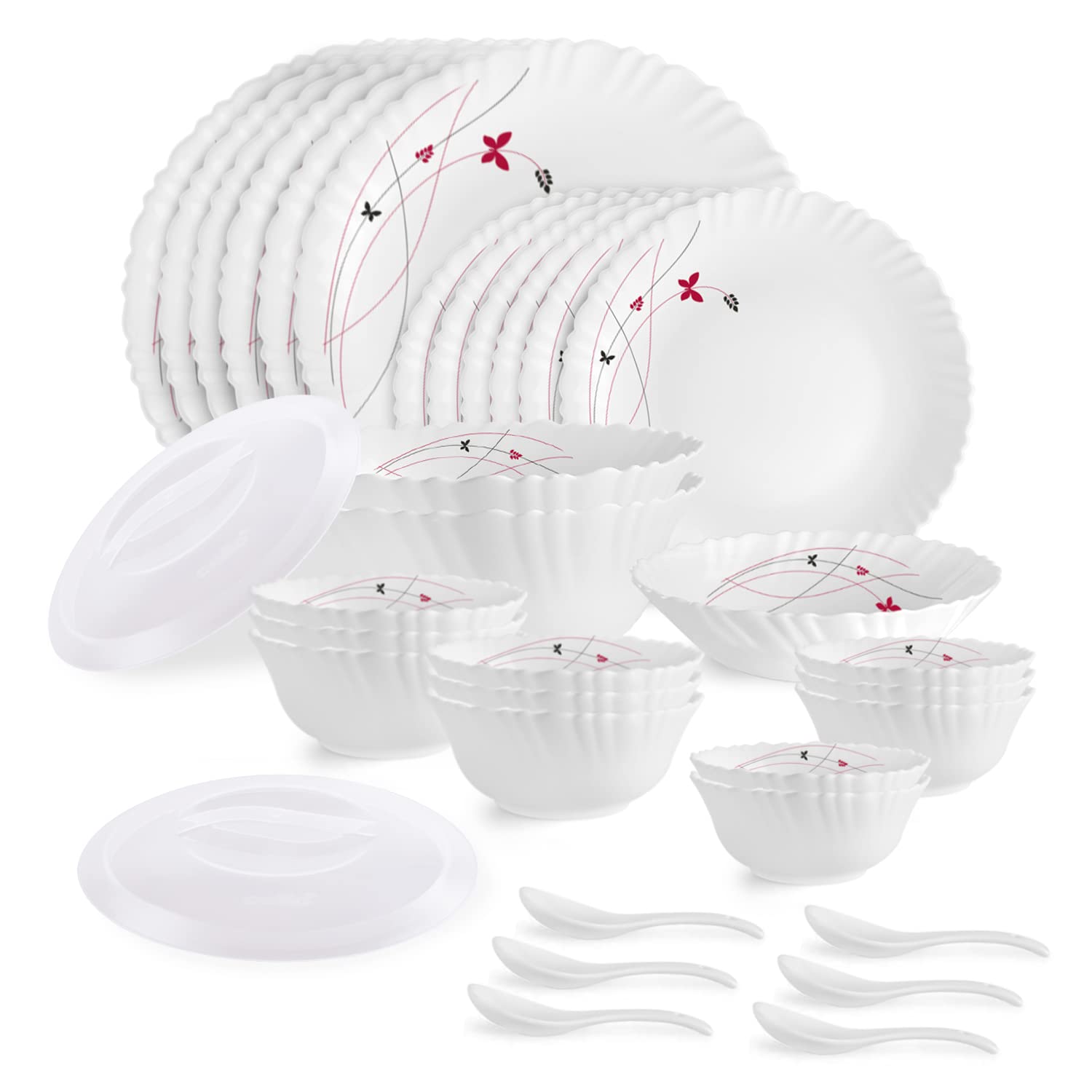 Cello Opalware Dazzle Series Lush Fiesta 35 Piece Dinner Set Serving For 6 | Bone Ash-Free | Lightweight, Elegant White Plates &