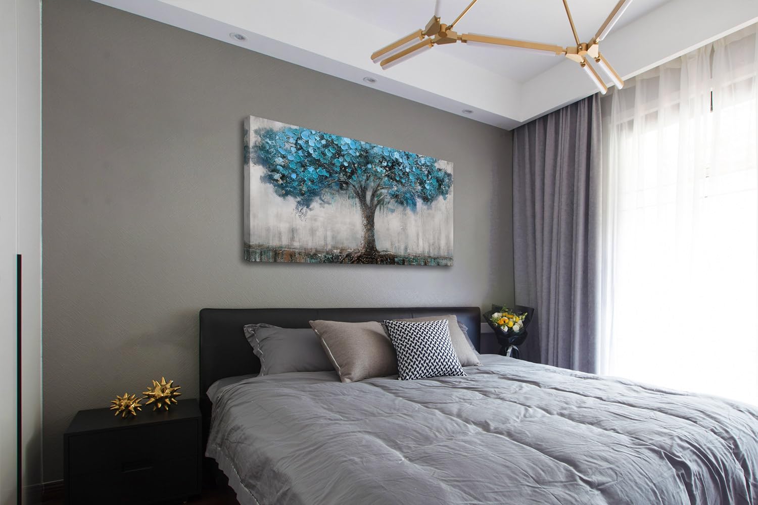 Anolyfi Wall Art Tree Abstract Canvas Picture Landscape Panoramic Blue Tree Painting For Living Room Large Decor, Textured Wrapp