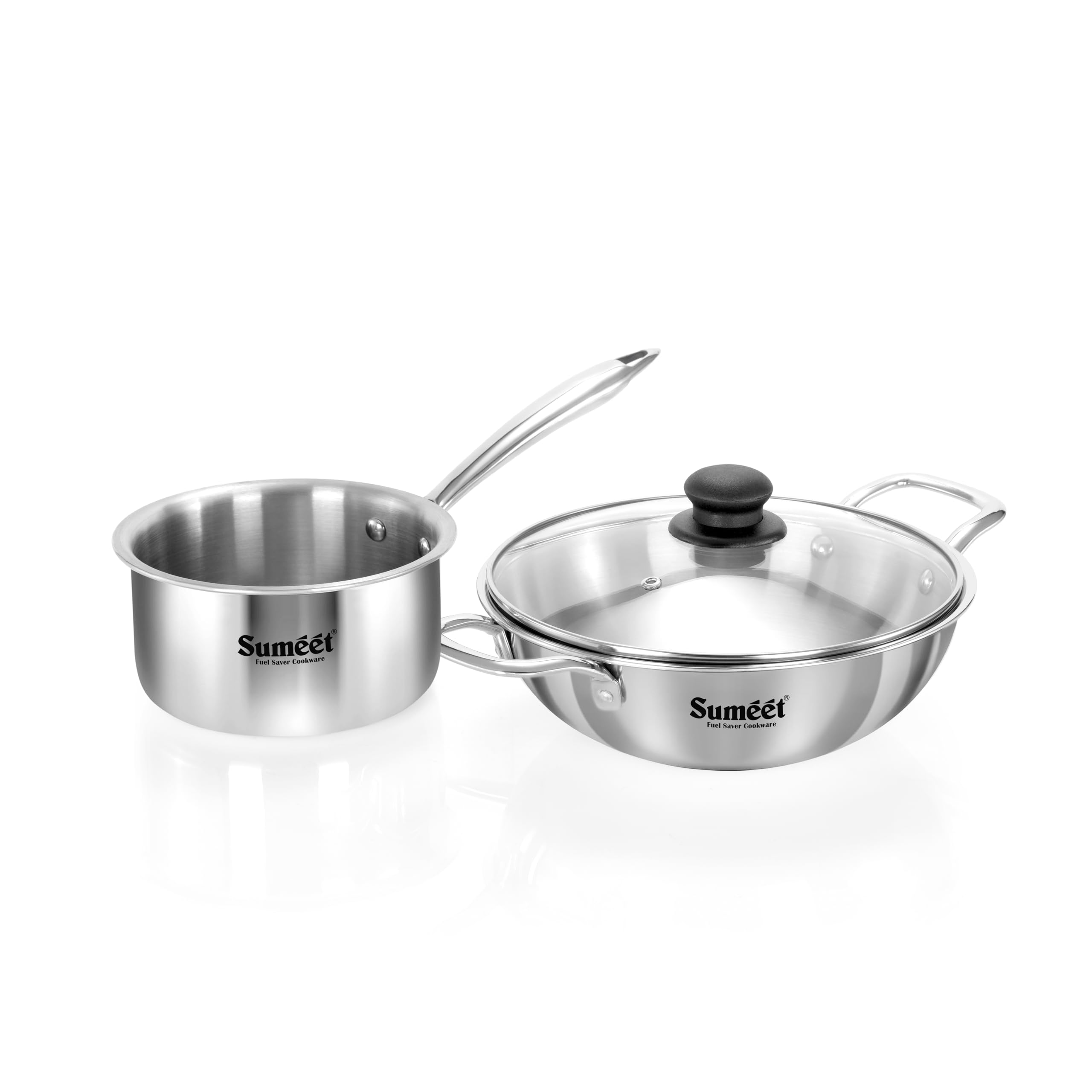 Sumeet Cook Smart Triply Stainless Steel 3Pc Induction Base Cookware Set Of Deep Kadai - 20Cm - 1.7L  Saucepan - 14Cm - 1.150 Ltr & Glass Lid  Pack Of 3  Silver