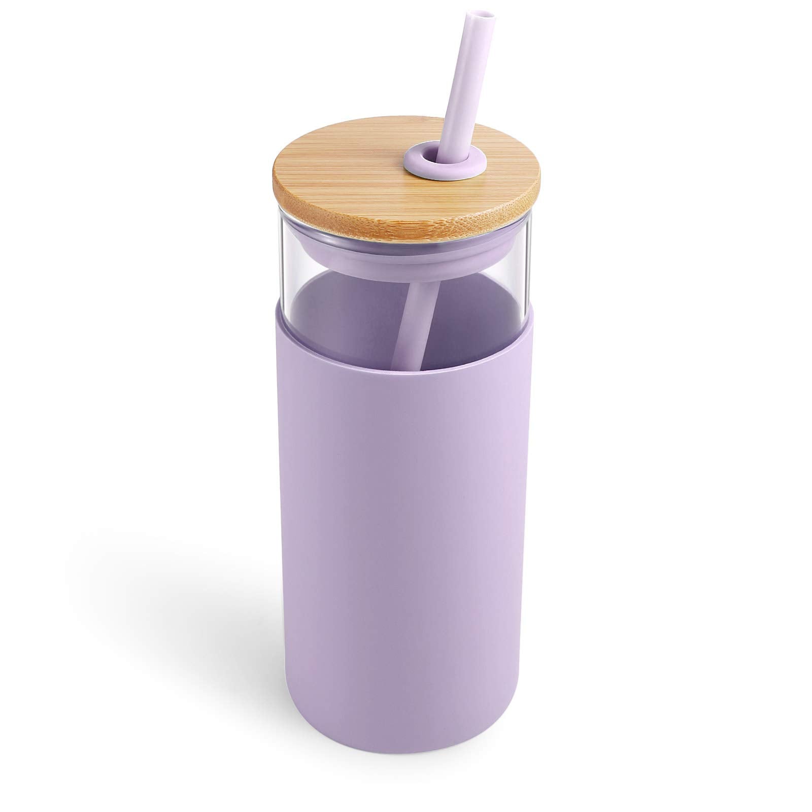 Tronco 20Oz Glass Tumbler Glass Water Bottle Straw Silicone Protective Sleeve Bamboo Lid - Bpa Free (Light Purple/1 Pack)