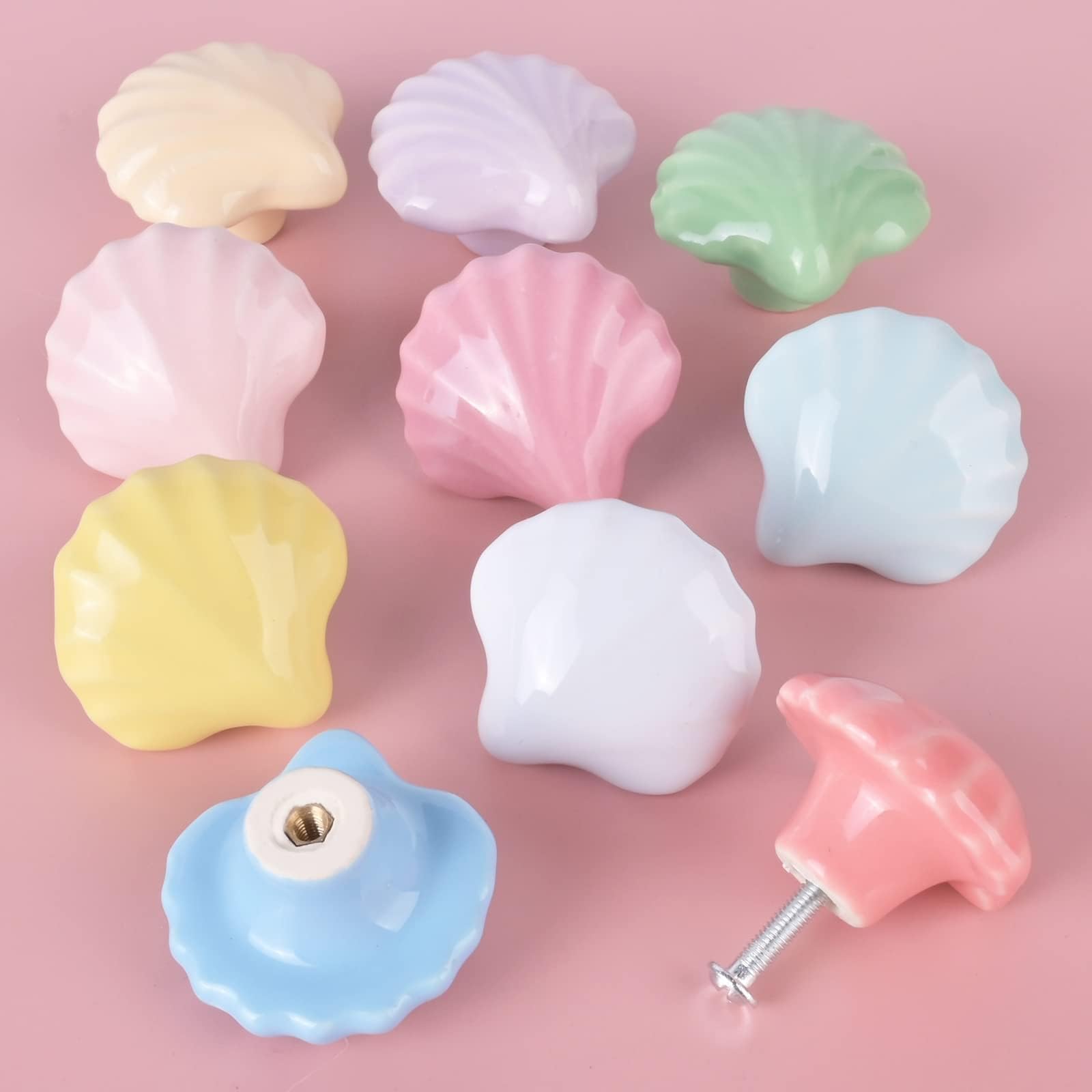OctinPris 10x Colorful Cute Glossy Ceramic Knobs Seashell Shape Lovely Door Pull Knob Cabinet Closet Ceramic Drawer Cupboard Kit