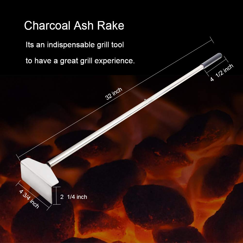 Charcoal Grill Rake Grill Ash Tool Accessories Charcoal Kettle Grill Pizza Oven Ash Rake Stainless Steel-32 inch