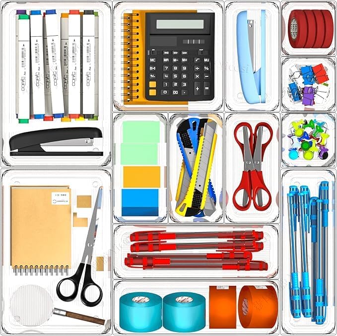 Kaito Inside Drawer Organizer Set, 13 Pieces, Clear Plastic Storage Bins, Multipurpose Dividers For Desk, Dresser, Bathroom, Kit