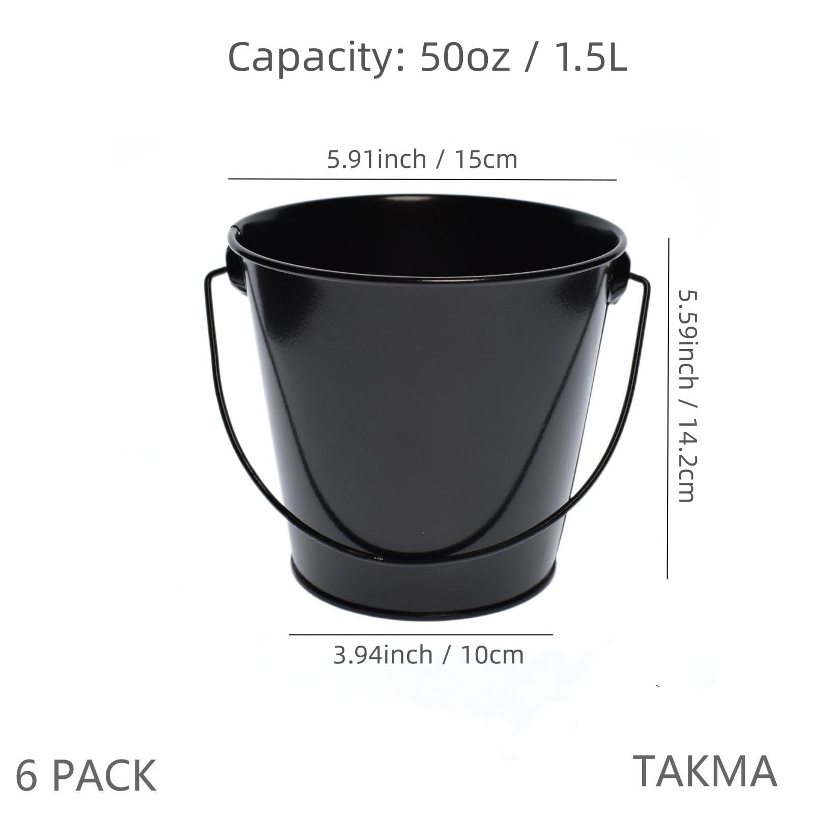 TAKMA Metal Buckets with Handle - 6 Pack 6 Inch Black Iron Pail  Easter Bucket Pencil Holder and Flower Pots Craft Supply Holders for Events School Storage and Party. (Black  6'' Top)