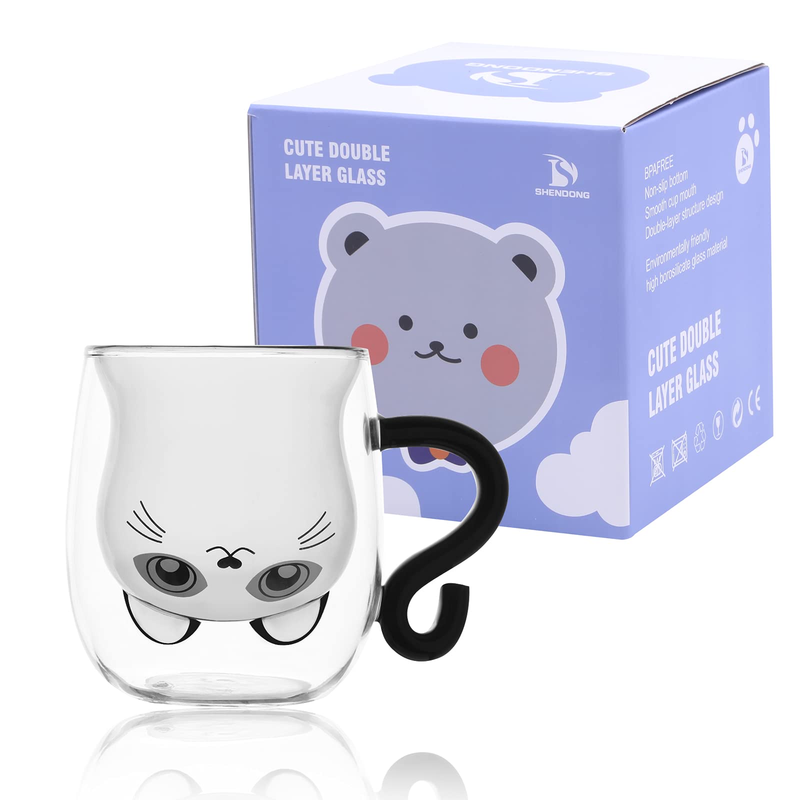 Shendong Cute Cat Mugs With Handle Cute Cups Cat Tea Coffee Cup Double Wall Insulated Glass Espresso Cups 8.4Oz Milk Cup Gift Fo