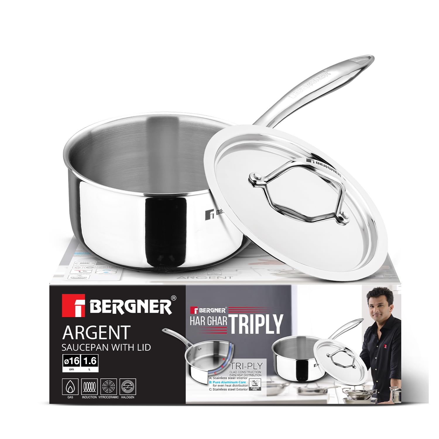 Bergner Argent Triply Saucepan With Stainless Steel Lid, 16Cm / 1.6 Litres Teapan/Milkpan, Stay Cool Cast Handle, Food Safe, Hea