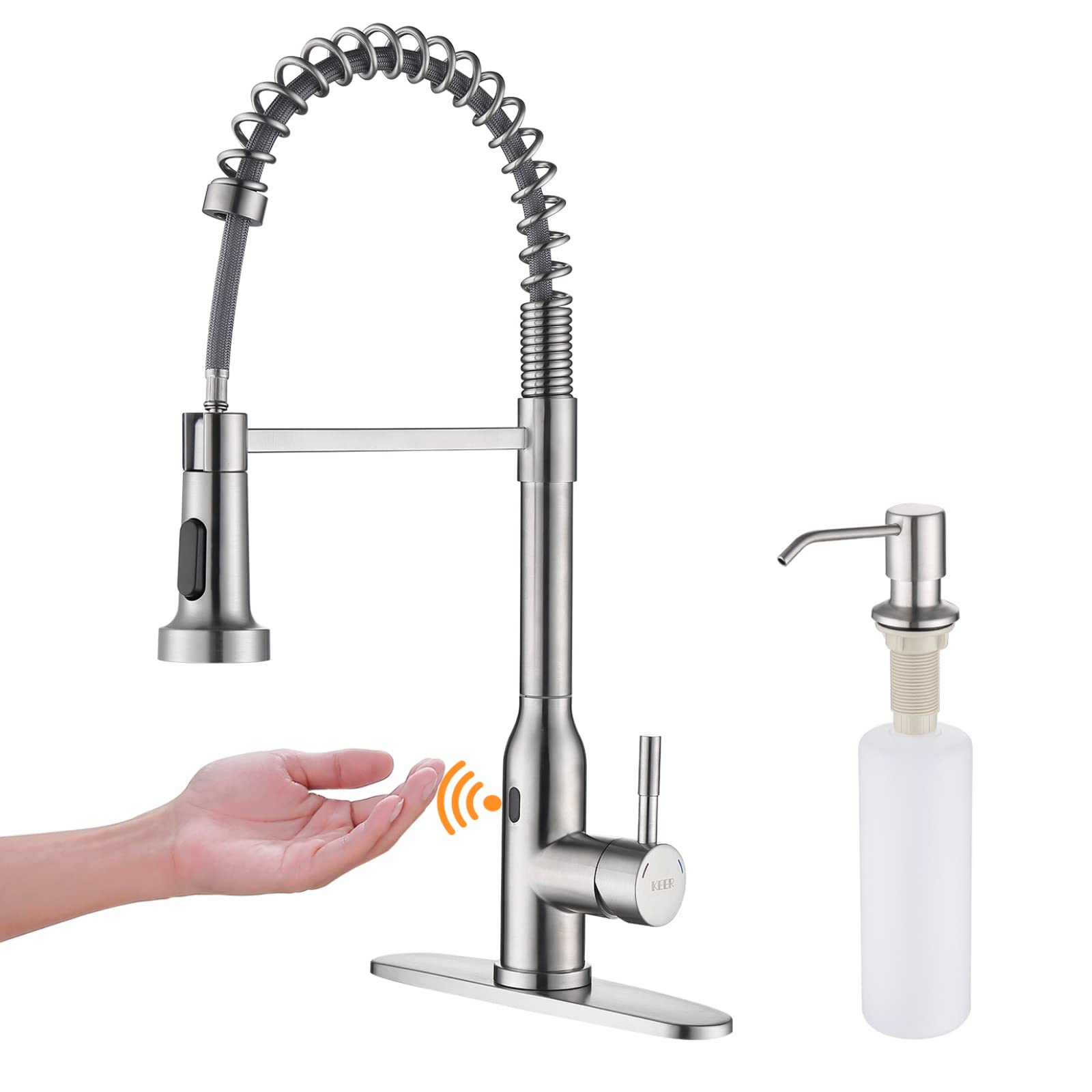 Touchless Kitchen Faucet,Keer Smart Motion Sensor Hands Free Single Handle Spring Kitchen Sink Faucet With Pull Down Sprayer,Bru