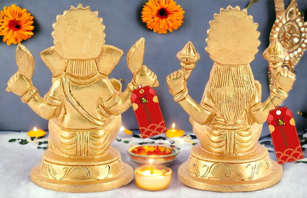 Uapan Brass Idol Murti I Pooja Poojan Temple Daily Worship 100% Brass Material I Laxmi Ganesh Brass Idol (Medium Ganesh And Laxm