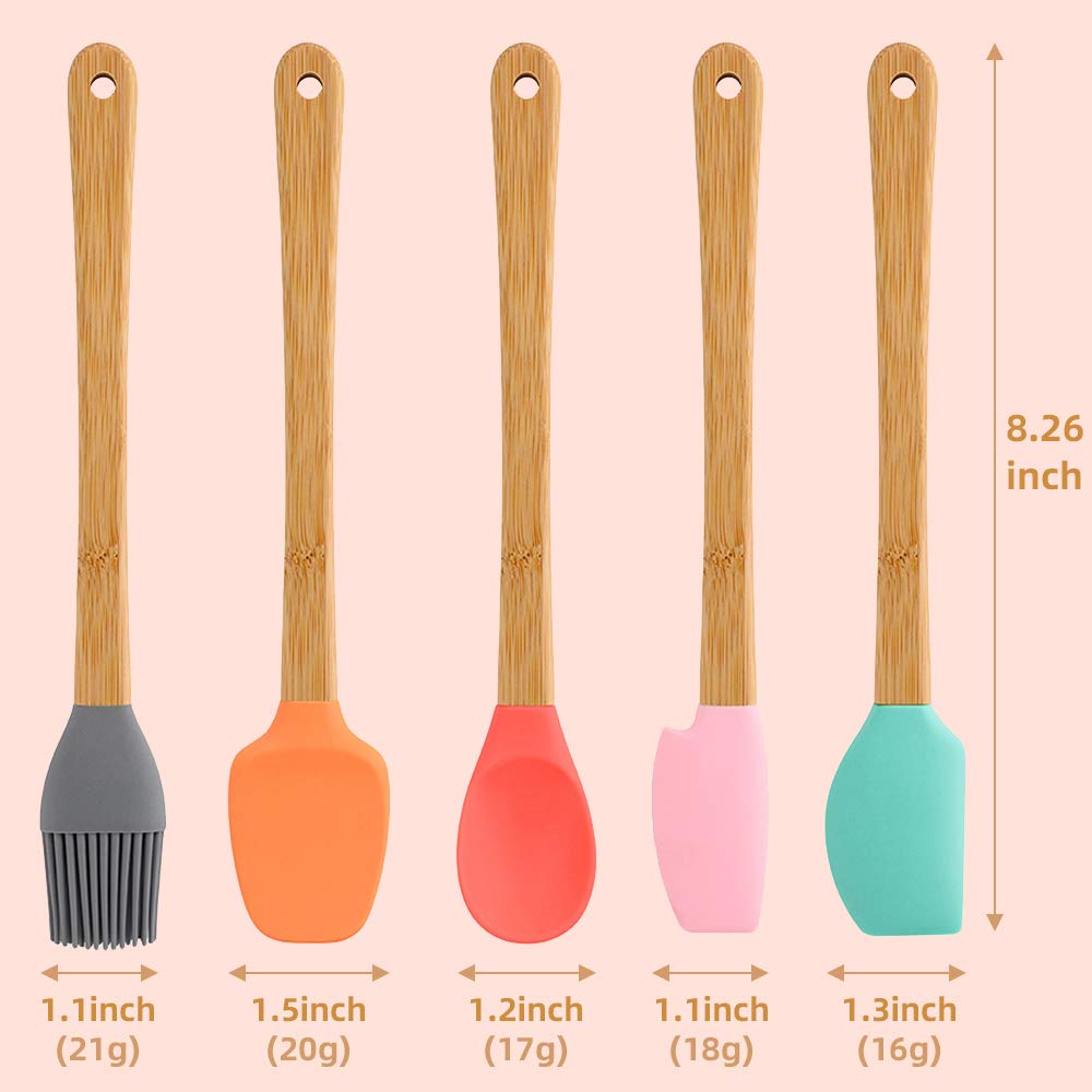 5 Piece Silicone Spatula,Mini Rubber Spatula Wooden Handle,Heat Resistant Silicone Spatula Set,Kitchen Utensils Non-Stick For Ba